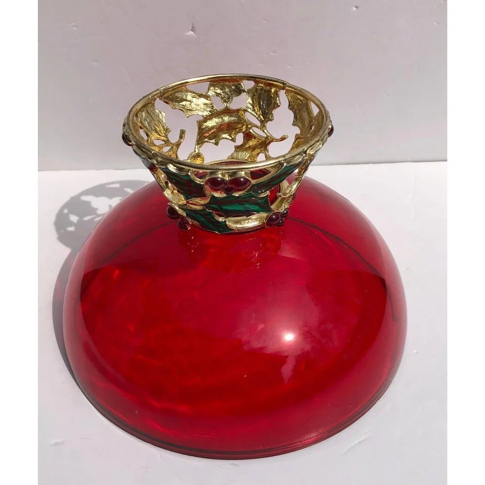 Vintage Ruby Red Glass Holly Berry Christmas Candy Bowl Teleflora Gift footed